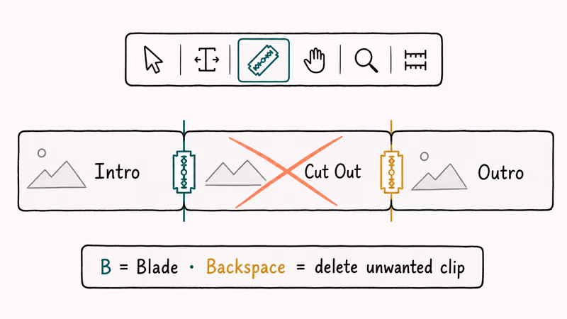 Hand-drawn DaVinci Resolve timeline showing blade tool splits with the unwanted middle segment marked for deletion