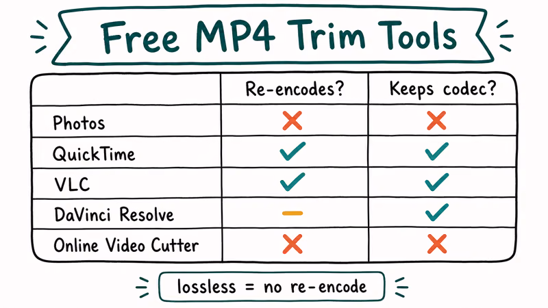 Hand-drawn comparison grid showing which free MP4 trim tools preserve source codec versus re-encode