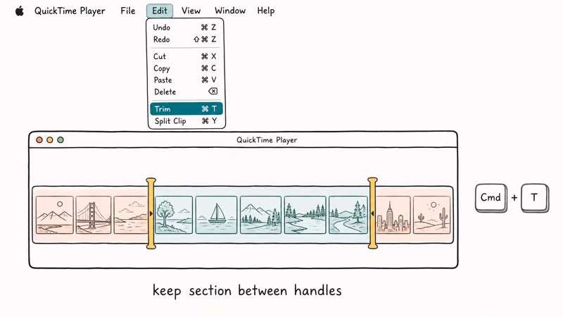 Hand-drawn QuickTime Player timeline with yellow trim handles and the Edit Trim menu highlighted