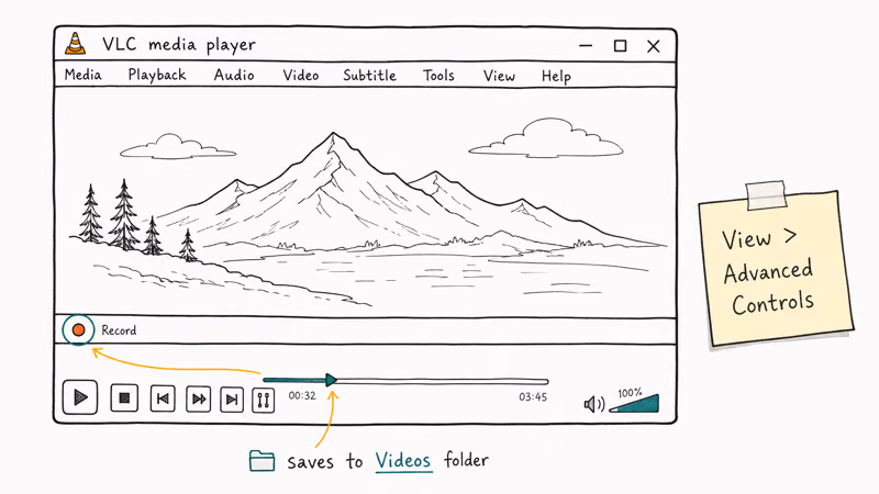 Hand-drawn VLC window with Advanced Controls strip and the red record button highlighted
