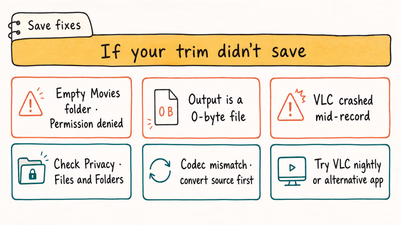 Three diagnostic cards mapping VLC trim save failures to their fixes on macOS