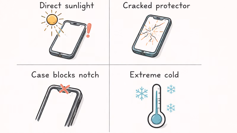 Four quadrant grid of TrueDepth disruptors including sunlight screen protector case interference and extreme cold