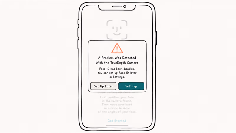 iPhone screen showing the A Problem Was Detected With the TrueDepth Camera modal with two action buttons