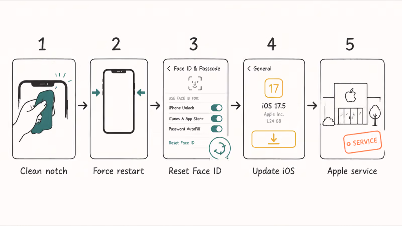 Five step troubleshooting flow for TrueDepth camera from cleaning notch to software update and Apple service