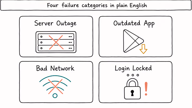 Four card grid showing Truist app failure categories server outage outdated app bad network and login locked.