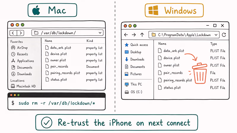 Mac and Windows lockdown trust store folder paths shown in Finder and File Explorer windows