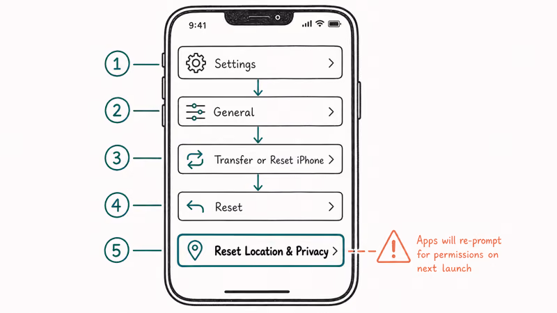 iPhone settings drill-down showing path to reset location and privacy to clear trusted computers