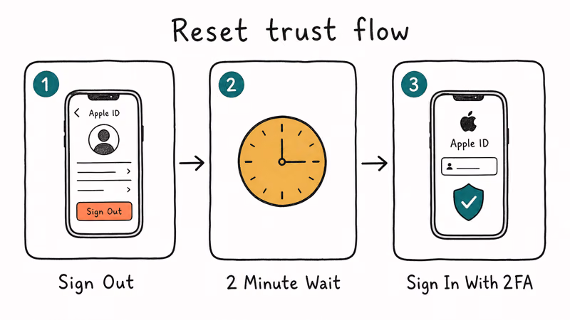 Three step trusted devices reset flow showing Apple ID sign out two minute wait and sign back in
