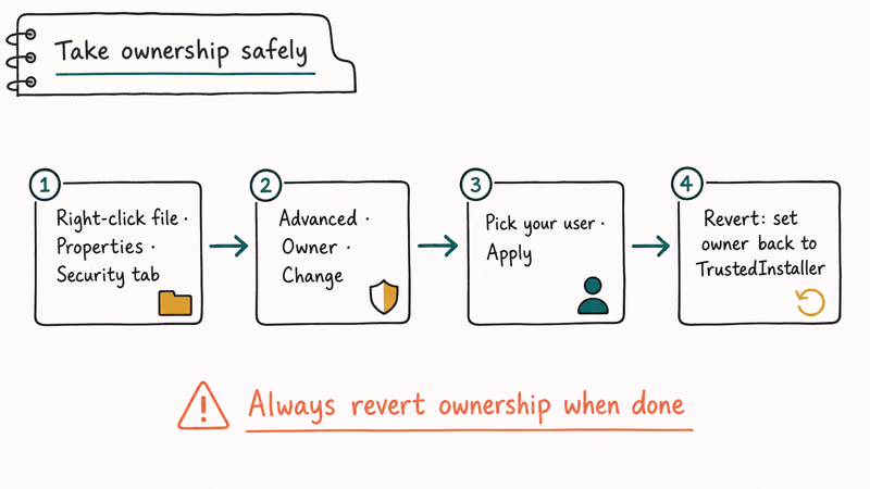 Four step flow for taking and reverting file ownership from TrustedInstaller via Properties Security tab