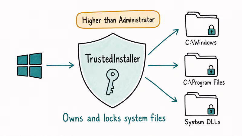 Diagram showing TrustedInstaller as a shield owning Windows system files above Administrator privileges