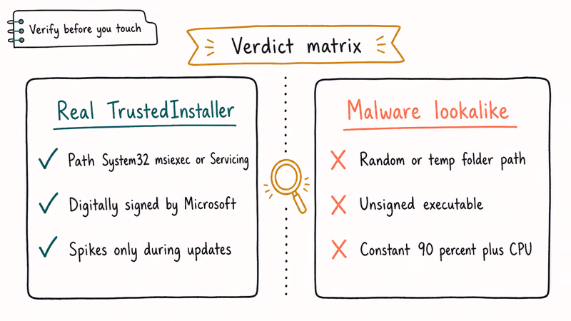 Two panel verdict comparing legitimate TrustedInstaller behavior versus malware lookalike red flags