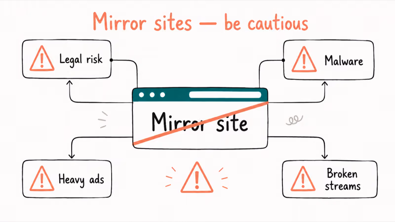 Warning poster crossing out Turkish drama mirror sites with notes about legal risk malware ads and broken streams
