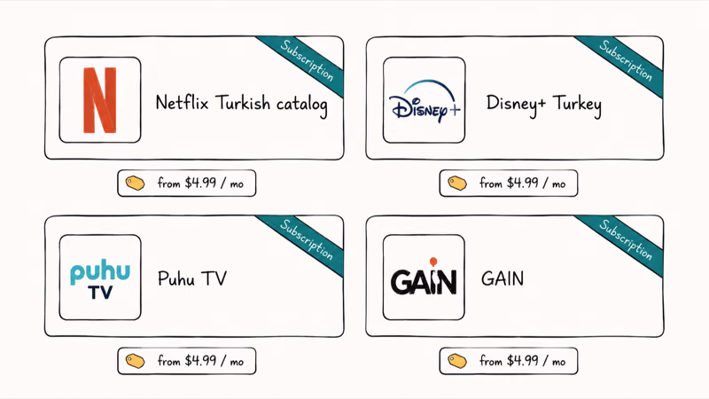 Four tile grid of paid Turkish drama streaming services including Netflix Disney Plus Puhu TV and GAIN with