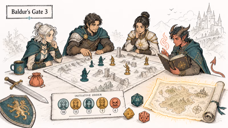 Hand-drawn illustration: Baldur's Gate 3