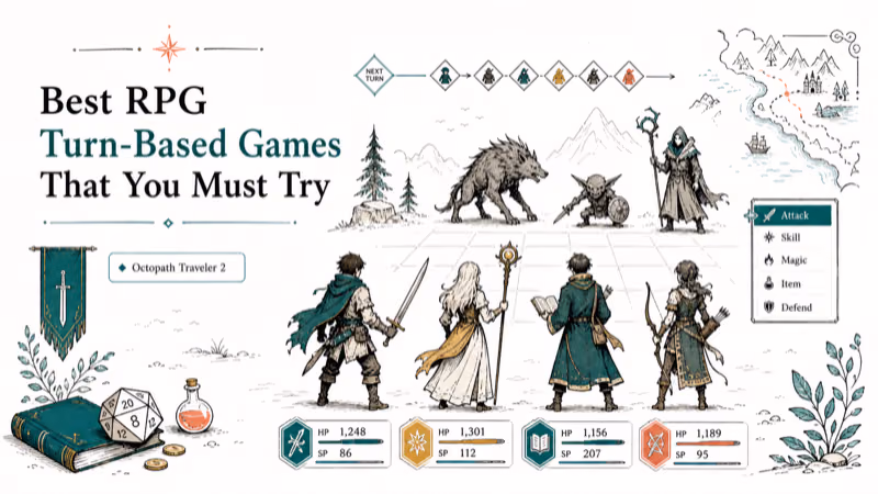 Hand-drawn illustration: Octopath Traveler 2
