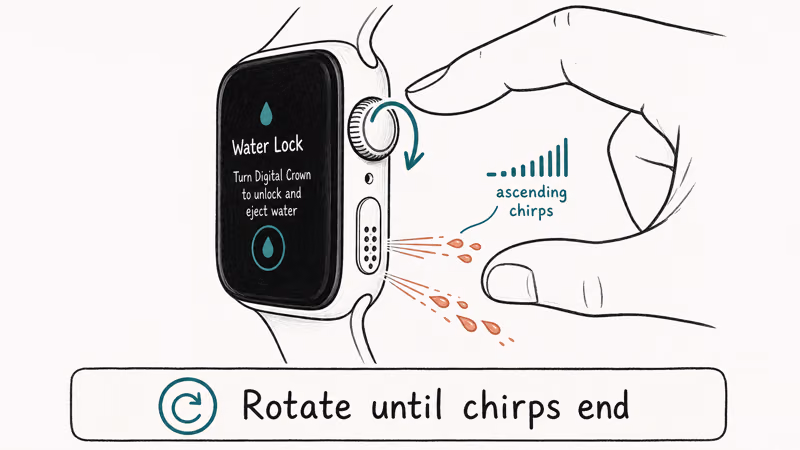 Side view of Apple Watch with finger rotating Digital Crown and water droplets ejecting from speaker