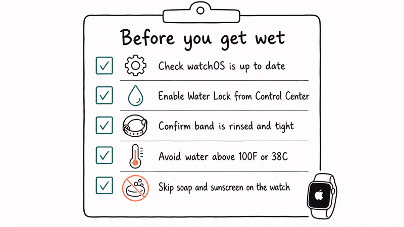 Pre-swim Apple Watch checklist with five items covering update Water Lock band heat and soap