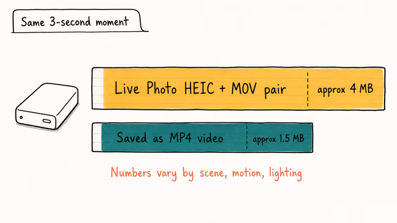 Two stacked size boxes comparing Live Photo HEIC plus MOV pair versus single MP4 export