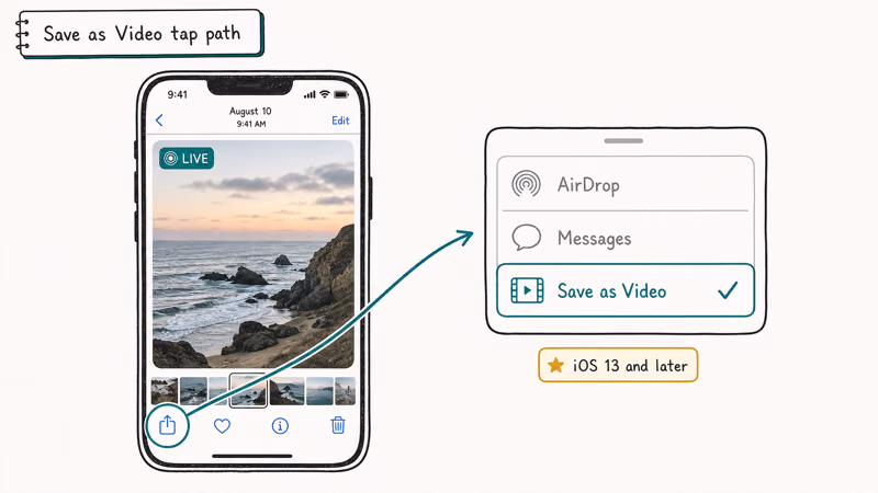 iPhone share sheet highlighting Save as Video option for converting Live Photos in the Photos app