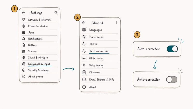 Hand-drawn three step Android Gboard path from Languages and input through Text correction to flipping the Auto correction