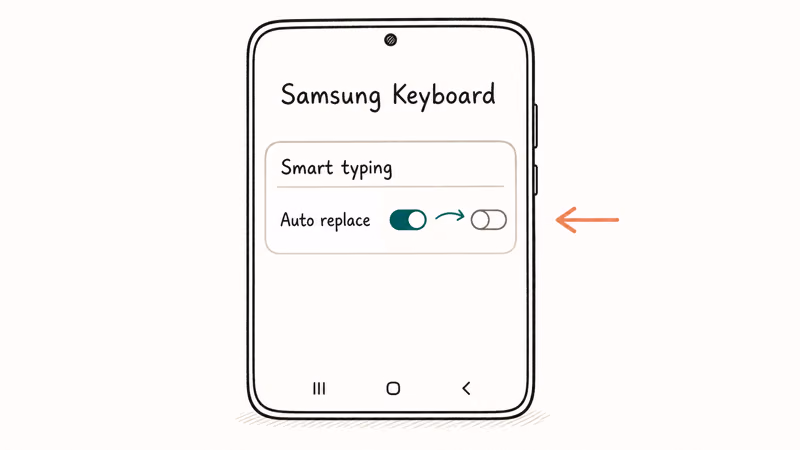 Hand-drawn Samsung Keyboard Smart typing settings showing the Auto replace toggle flipping from on to off with coral