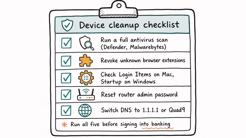 Vertical security hygiene checklist with five items for cleaning up devices after risky downloads