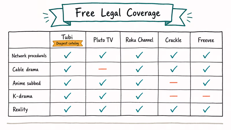 Hand-drawn grid comparing Tubi Pluto TV Roku Channel Crackle and Freevee across five content categories