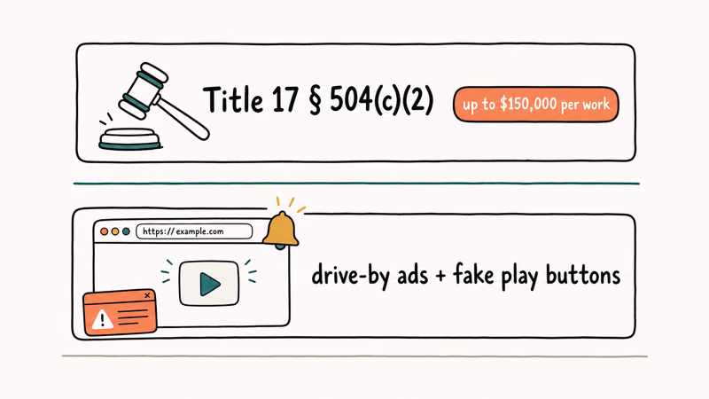 Hand-drawn two-tier card showing copyright fine exposure on top and malicious ad pop-unders on a streaming page below