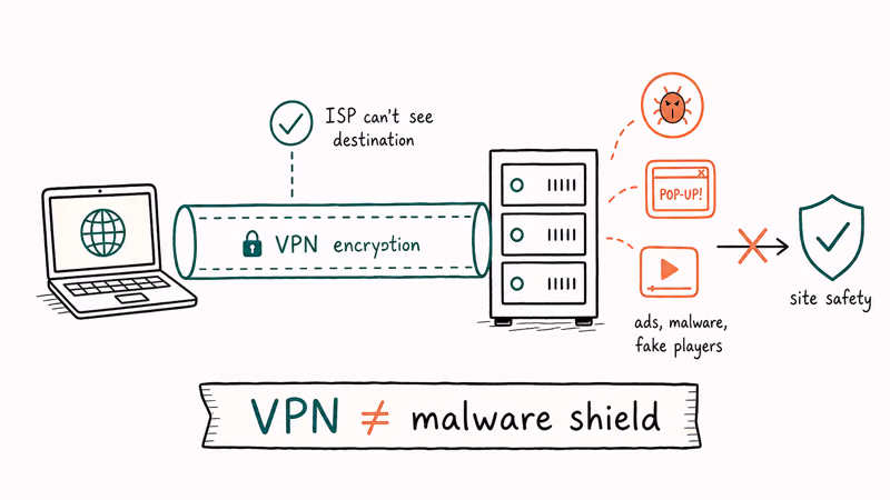 Hand-drawn diagram showing a VPN tunnel hides the destination from the ISP but does not protect against malware