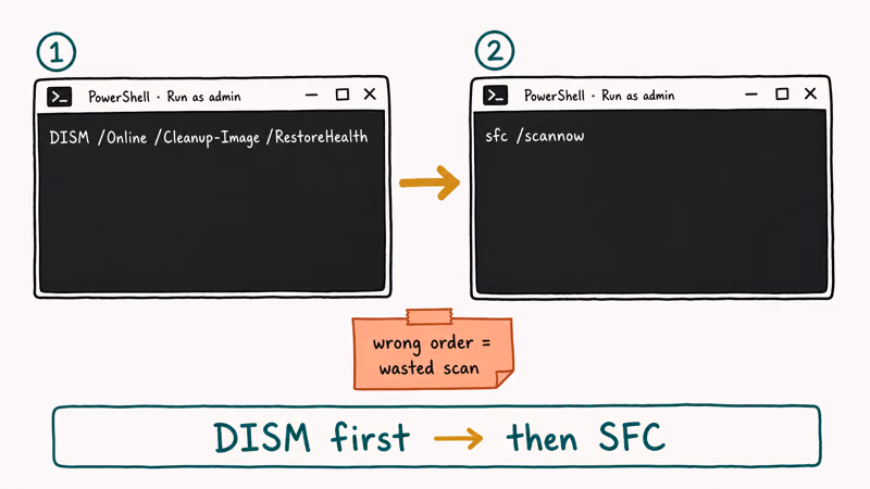 Hand-drawn two step flow showing DISM RestoreHealth run first then sfc scannow with a warning that wrong order
