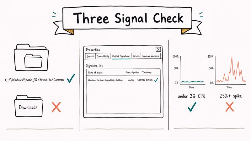 Hand-drawn three panel check showing legitimate file path digital signature and low CPU usage versus impostor indicators