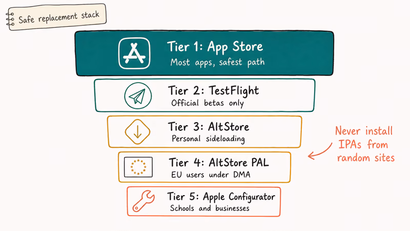 Five tier ladder showing the safe iOS sideload stack from App Store to AltStore PAL to Configurator