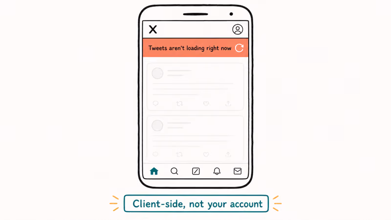 Hand-drawn X app screen showing the tweets are not loading error banner over a faded timeline