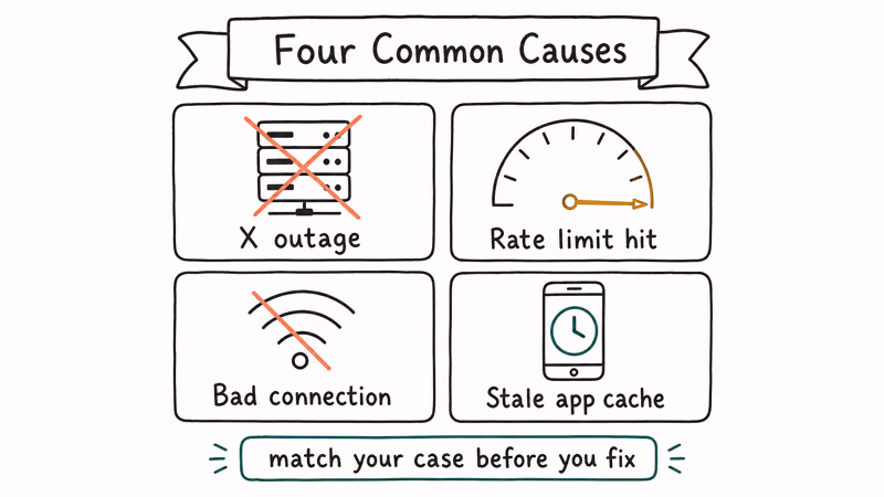 Hand-drawn four panel grid showing X outage rate limit bad connection and stale cache as causes of the