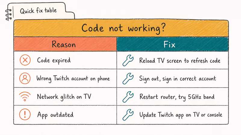 Two column table mapping Twitch activation code failures to fixes including expired code and outdated app
