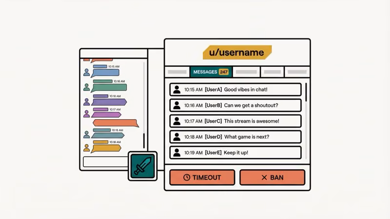 Twitch Mod View interface showing user card with message history
