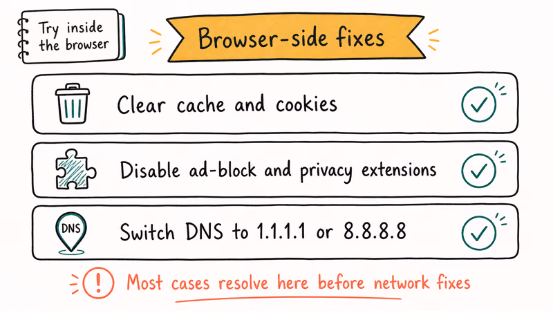 Three browser side fix lanes showing cache cookies clearing extension disable and DNS switch for Twitch