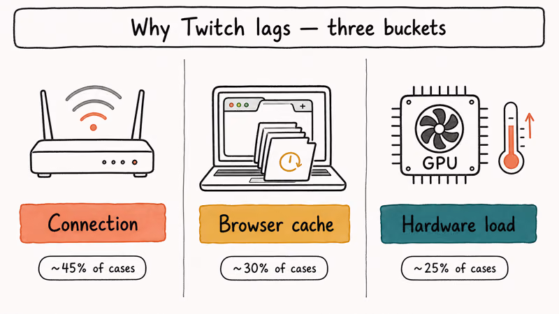 Three column diagnostic chart showing Twitch lag categorized into connection cache and hardware causes