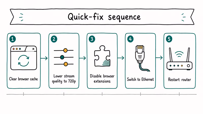 Horizontal five step quick fix sequence for Twitch lag from clearing cache to restarting the router
