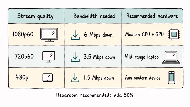 Three column spec table showing Twitch bandwidth and hardware requirements for 1080p 720p and 480p
