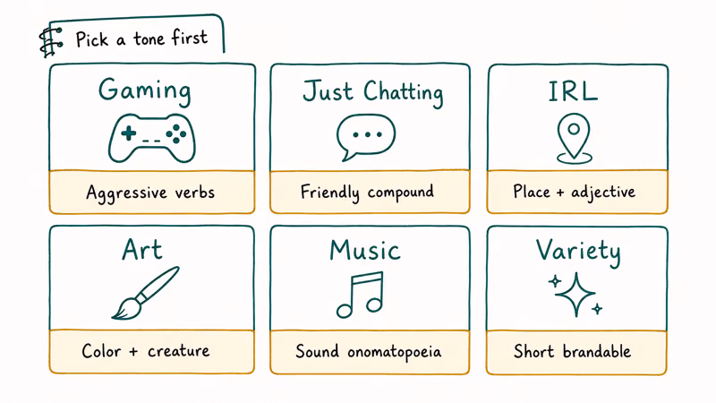 Grid showing username style archetypes across gaming chatting IRL art music and variety Twitch niches