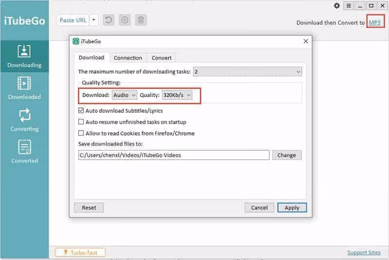 iTubeGo Download Settings