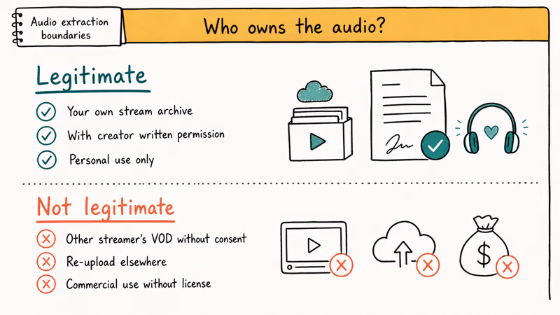 Two lane card distinguishing legitimate self-owned Twitch audio extraction from non-consent extraction