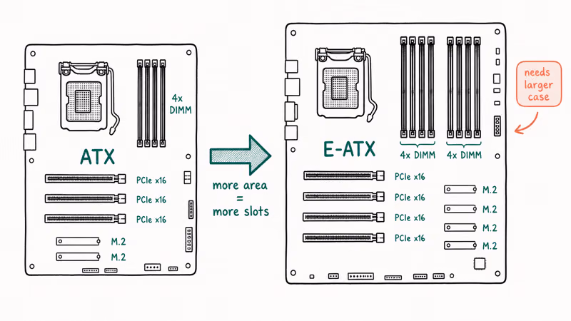Hand-drawn comparison showing ATX board with three PCIe slots beside E-ATX with four slots and double DIMM capacity