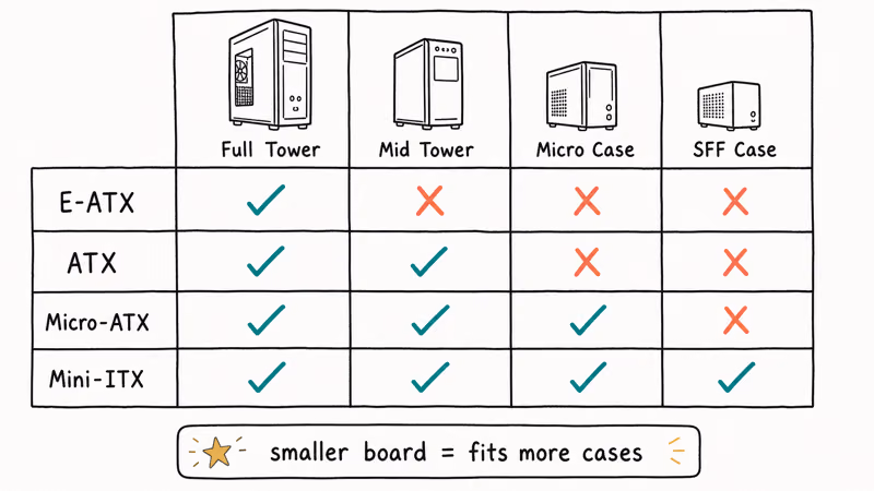Hand-drawn matrix showing which motherboard form factors fit which PC case sizes from full tower down to SFF