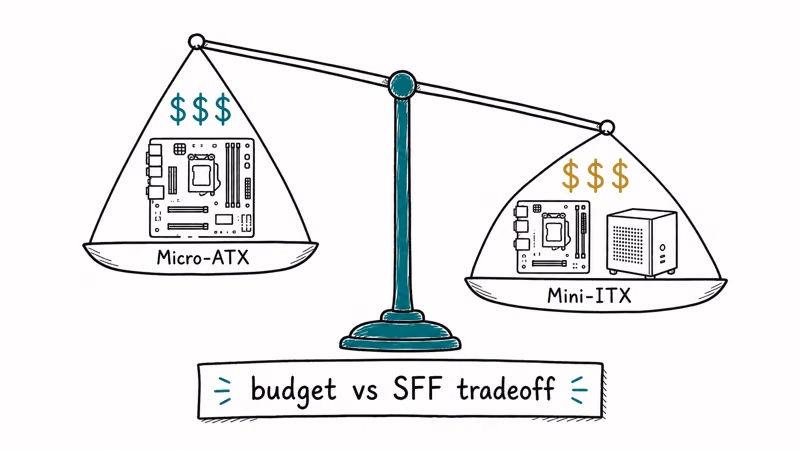 Hand-drawn balance scale weighing Micro-ATX budget against Mini-ITX small-form-factor cost
