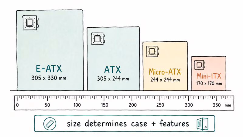 Hand-drawn ruler comparing E-ATX ATX Micro-ATX and Mini-ITX motherboard sizes side by side