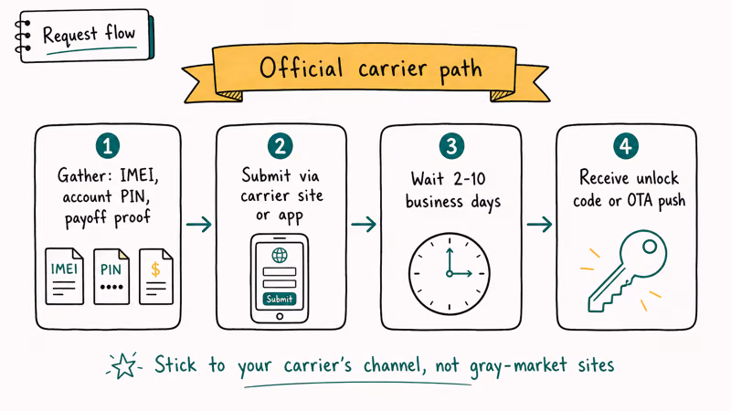 Four step official carrier UICC unlock request flow from IMEI gathering to receiving unlock code