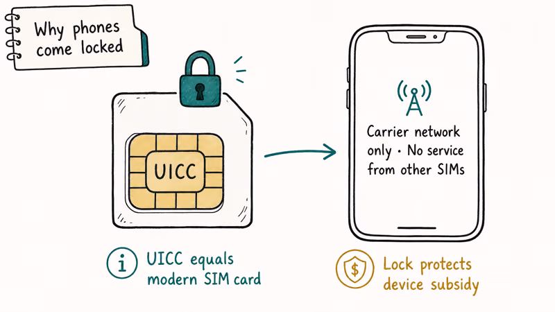 Illustration showing UICC SIM card with carrier lock and the subsidy reason carriers apply it to phones