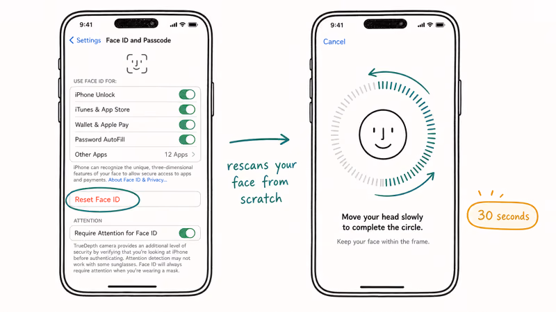 iPhone Settings showing Reset Face ID option followed by the Face ID enrollment circle scanning a face